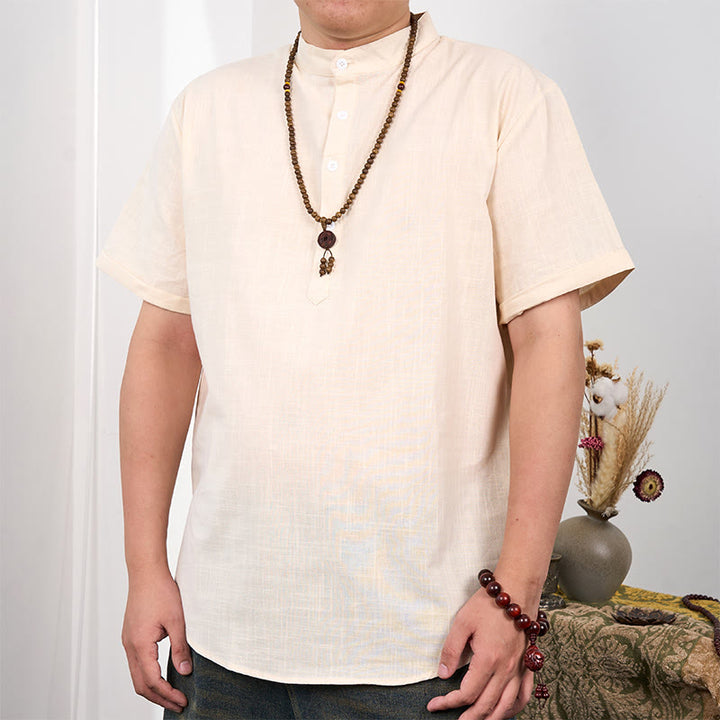 Buddha Stonesメンズ 無地 半袖 ハーフボタン コットンリネン シャツ