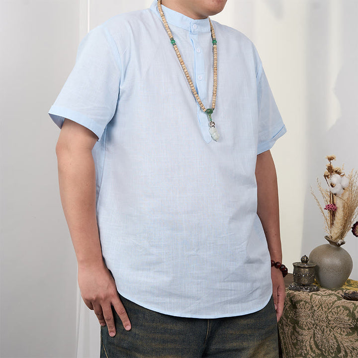 Buddha Stonesメンズ 無地 半袖 ハーフボタン コットンリネン シャツ