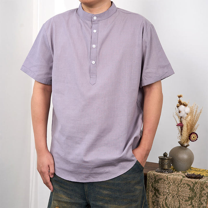 Buddha Stonesメンズ 無地 半袖 ハーフボタン コットンリネン シャツ