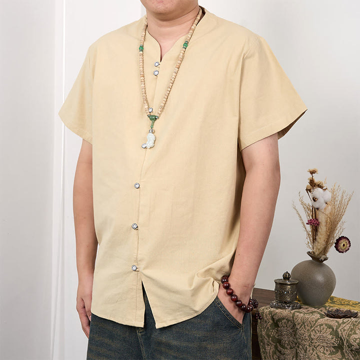 Buddha Stonesメンズ 半袖 ボタンダウン コットンリネンシャツ