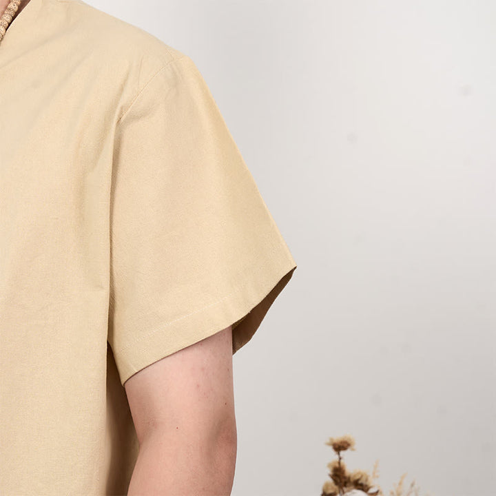 Buddha Stonesメンズ 半袖 ボタンダウン コットンリネンシャツ