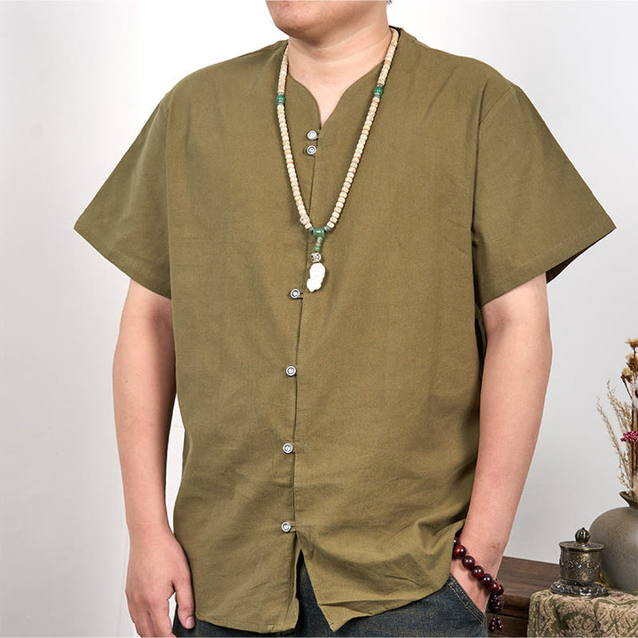 Buddha Stonesメンズ 半袖 ボタンダウン コットンリネンシャツ