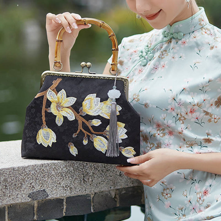 Buddha Stones梅の花刺繍 竹ハンドル ハンドバッグ クロスボディバッグ