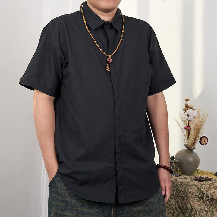 Buddha Stonesメンズ 半袖 ボタン カジュアル コットン リネン シャツ - 黒 - US/UK/AU44、 EU54 (3XL) - image 2