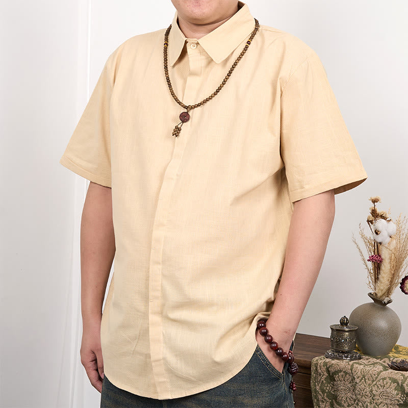 Buddha Stonesメンズ 半袖 ボタン カジュアル コットン リネン シャツ - 小麦 - US/UK/AU44、 EU54 (3XL) - image 5