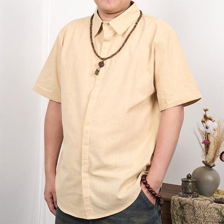 Buddha Stonesメンズ 半袖 ボタン カジュアル コットン リネン シャツ - 小麦 - US/UK/AU44、 EU54 (3XL) - image 5