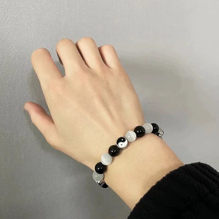 Buddha Stonesブラックオブシディアン キャッツアイ 陰陽 浄化強さブレスレット