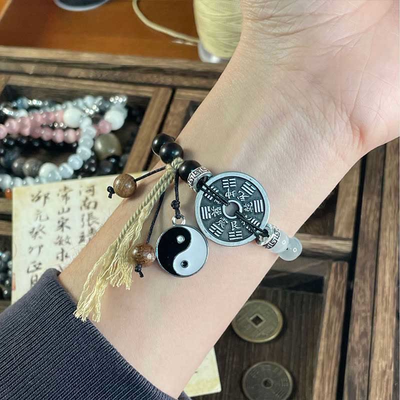 Buddha Stonesアイ黒檀陰陽八卦コインサポートロープブレスレット