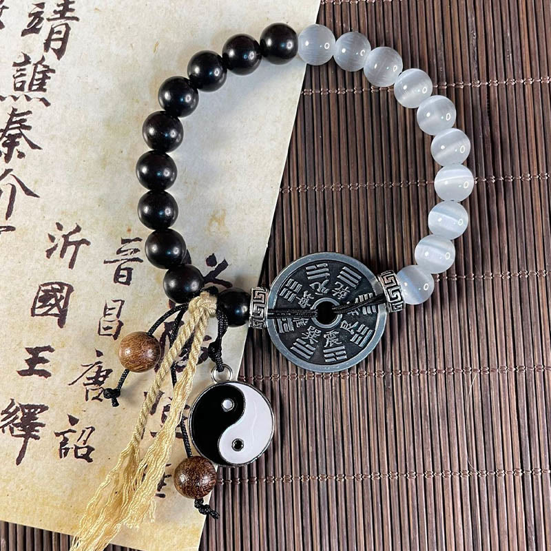 Buddha Stonesアイ黒檀陰陽八卦コインサポートロープブレスレット