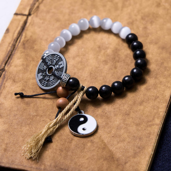 Buddha Stonesアイ黒檀陰陽八卦コインサポートロープブレスレット