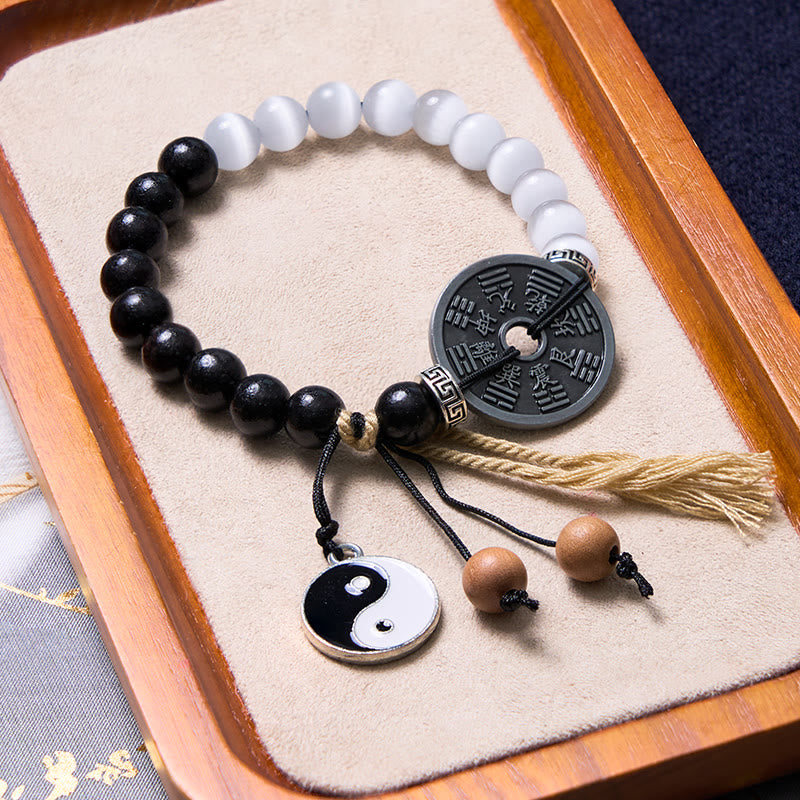 Buddha Stonesアイ黒檀陰陽八卦コインサポートロープブレスレット