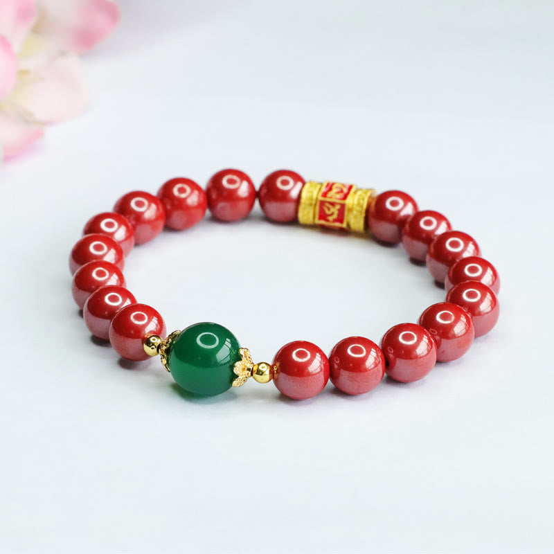 Buddha Stones天然辰砂 グリーンアゲートオーム・マニ・パドメ・フム柄 祝福ブレスレット