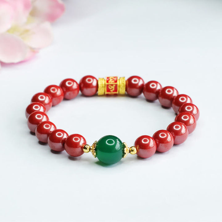 Buddha Stones天然辰砂 グリーンアゲートオーム・マニ・パドメ・フム柄 祝福ブレスレット