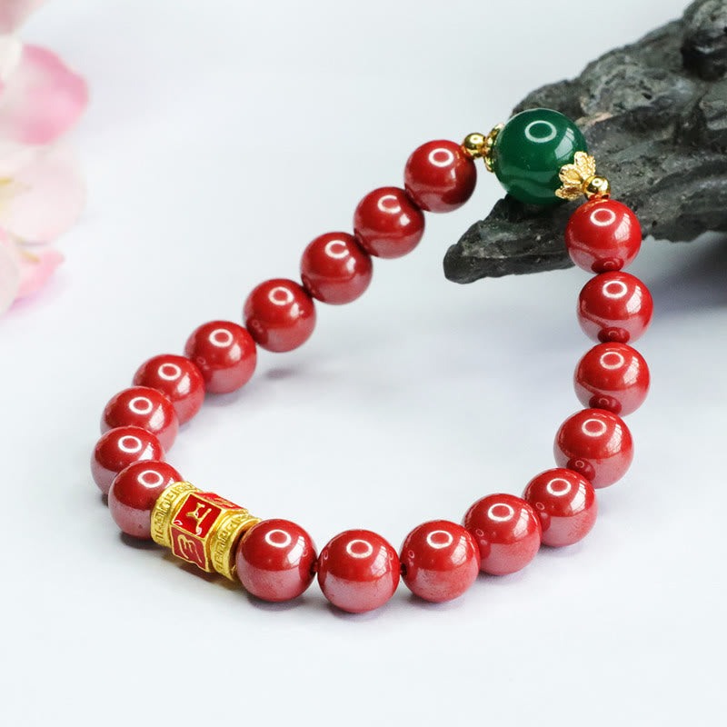 Buddha Stones天然辰砂 グリーンアゲートオーム・マニ・パドメ・フム柄 祝福ブレスレット