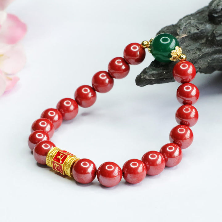 Buddha Stones天然辰砂 グリーンアゲートオーム・マニ・パドメ・フム柄 祝福ブレスレット