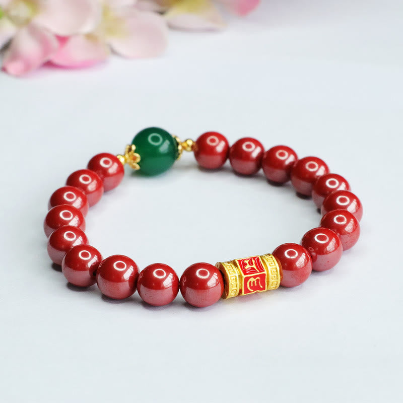 Buddha Stones天然辰砂 グリーンアゲートオーム・マニ・パドメ・フム柄 祝福ブレスレット