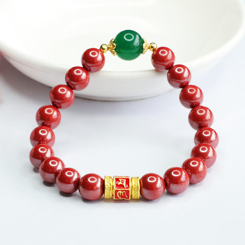 Buddha Stones天然辰砂 グリーンアゲートオーム・マニ・パドメ・フム柄 祝福ブレスレット