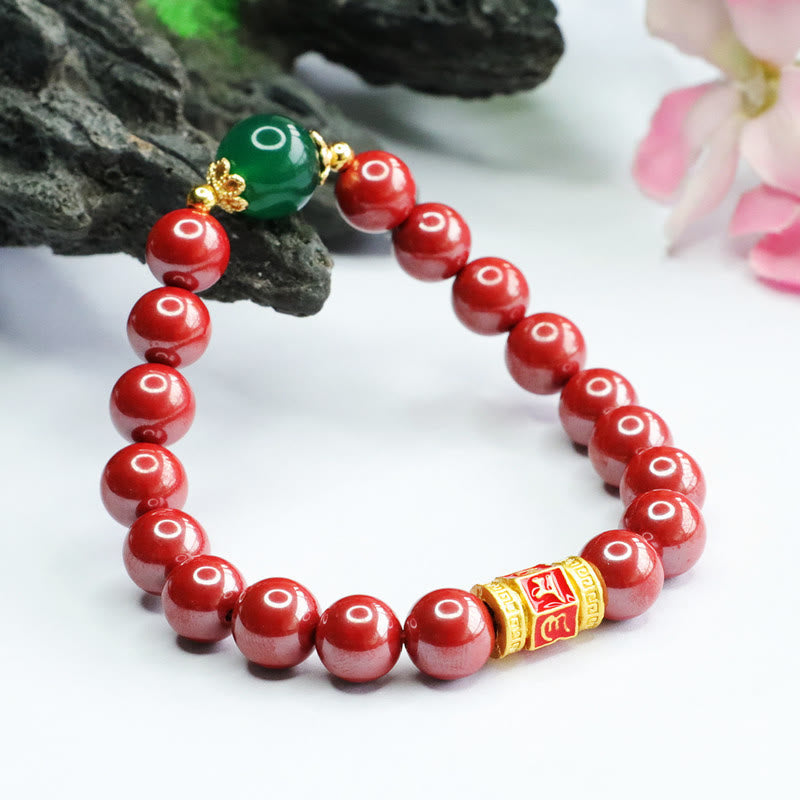 Buddha Stones天然辰砂 グリーンアゲートオーム・マニ・パドメ・フム柄 祝福ブレスレット
