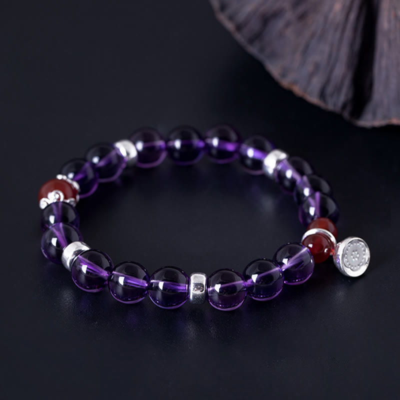 Buddha Stones925スターリングシルバー 天然アメジスト レッドアゲート ロータス幸運を呼ぶブレスレット