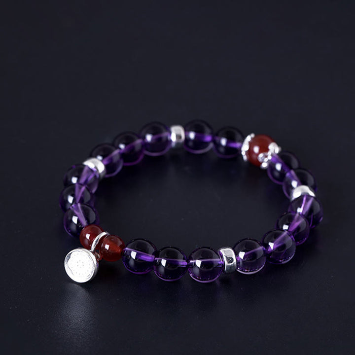Buddha Stones925スターリングシルバー 天然アメジスト レッドアゲート ロータス幸運を呼ぶブレスレット