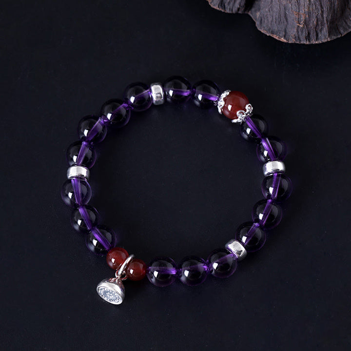 Buddha Stones925スターリングシルバー 天然アメジスト レッドアゲート ロータス幸運を呼ぶブレスレット