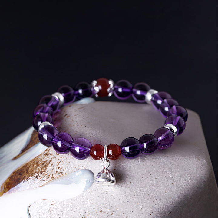 Buddha Stones925スターリングシルバー 天然アメジスト レッドアゲート ロータス幸運を呼ぶブレスレット