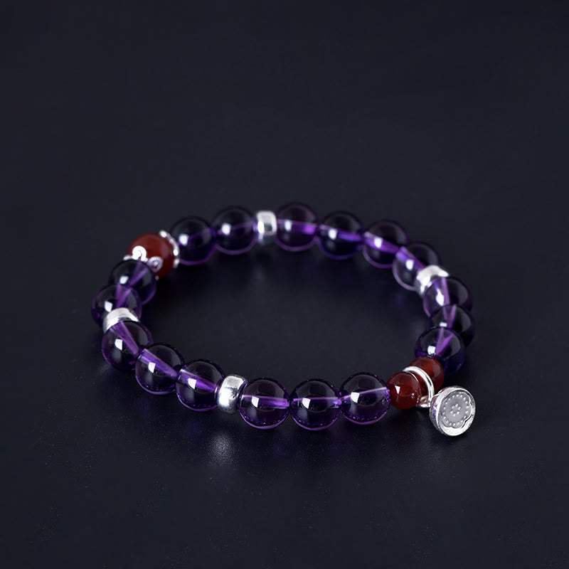 Buddha Stones925スターリングシルバー 天然アメジスト レッドアゲート ロータス幸運を呼ぶブレスレット