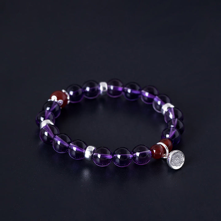 Buddha Stones925スターリングシルバー 天然アメジスト レッドアゲート ロータス幸運を呼ぶブレスレット