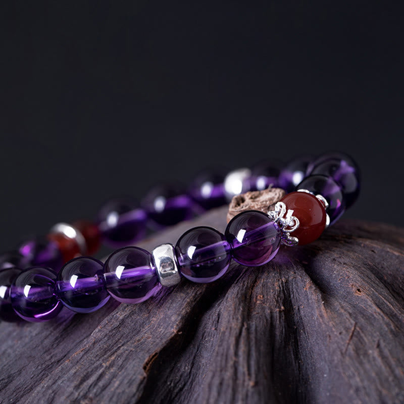 Buddha Stones925スターリングシルバー 天然アメジスト レッドアゲート ロータス幸運を呼ぶブレスレット