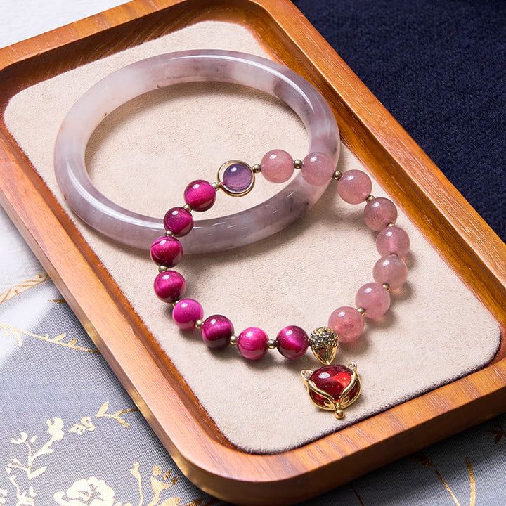 幸福と喜びを高めるBuddha Stonesパープルブレスレットバングルセット