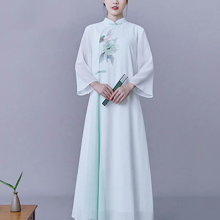 Buddha Stones 2点セット 花柄 七分袖 ミディ丈 ワンピース スカート シフォン 禅服 レディース セット