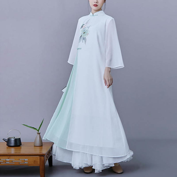 Buddha Stones 2点セット 花柄 七分袖 ミディ丈 ワンピース スカート シフォン 禅服 レディース セット