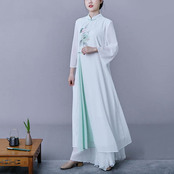 Buddha Stones 2点セット 花柄 七分袖 ミディ丈 ワンピース スカート シフォン 禅服 レディース セット