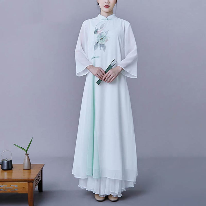 Buddha Stones 2点セット 花柄 七分袖 ミディ丈 ワンピース スカート シフォン 禅服 レディース セット
