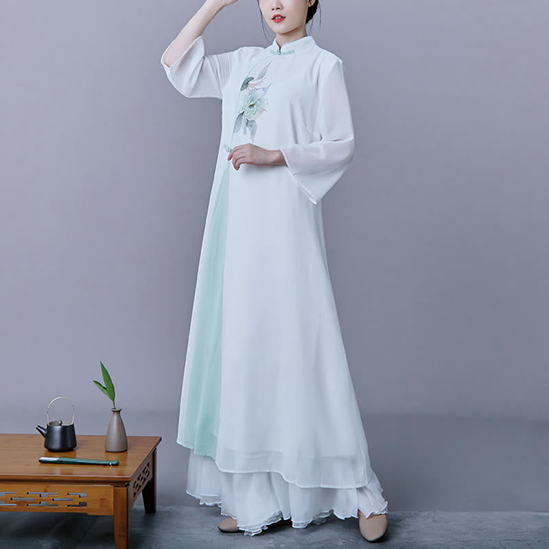 Buddha Stones 2点セット 花柄 七分袖 ミディ丈 ワンピース スカート シフォン 禅服 レディース セット