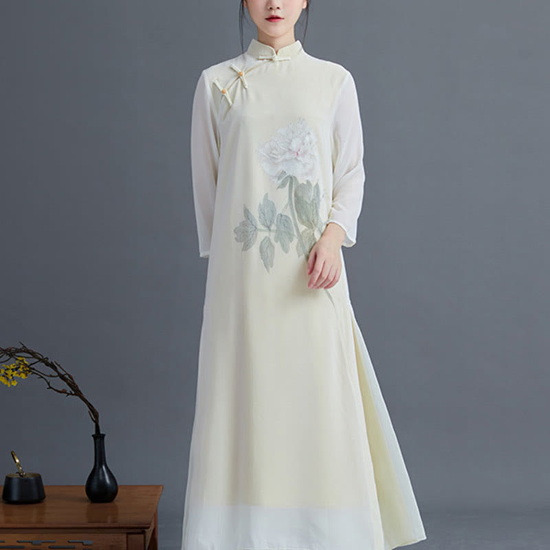 Buddha Stones2点セット 牡丹の花 チャイナドレス ミディ丈 スカート シフォン 禅服 レディース セット - ドレス（ドレスのみ） - 2XL（ US6、 UK/AU10、EU38に適合） - image 5