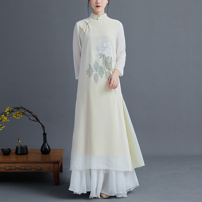 Buddha Stones2点セット 牡丹の花 チャイナドレス ミディ丈 スカート シフォン 禅服 レディース セット - ドレス＆スカート - 2XL（ US6、 UK/AU10、EU38に適合） - image 0
