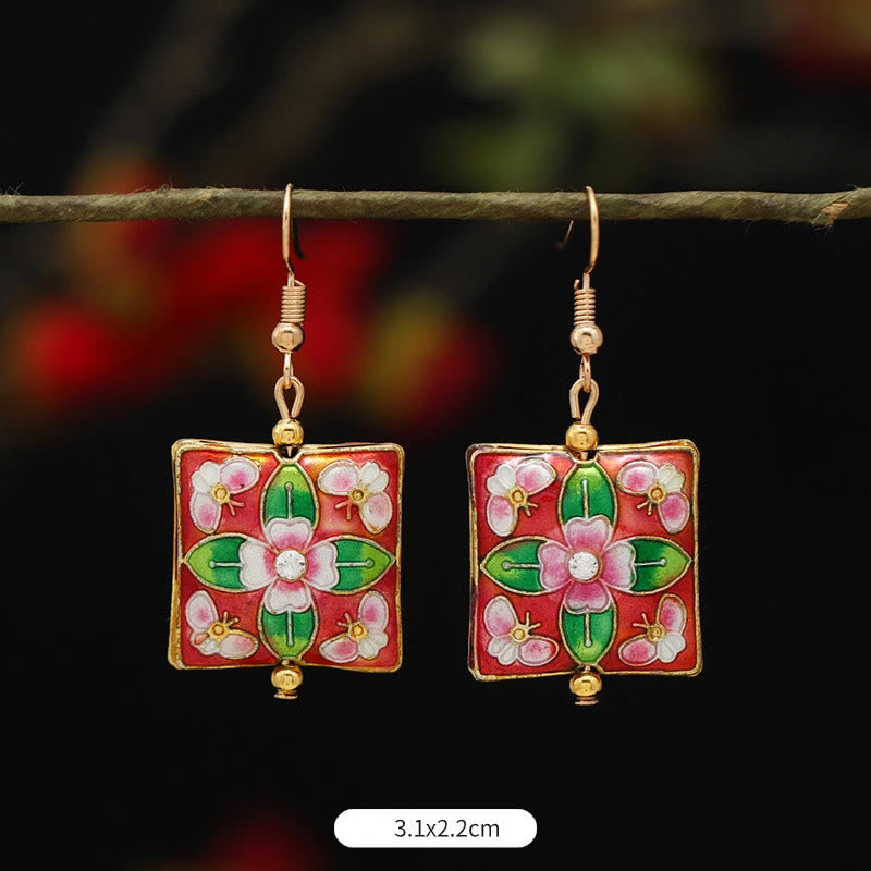 Buddha Stones蓮 蝶 花 合金 銅 悟り ドロップイヤリング - スクエア 赤緑花 3.1×2.2cm - image 24