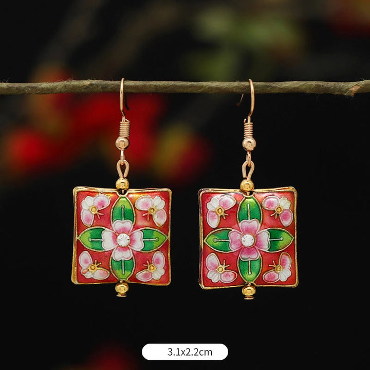 Buddha Stones蓮 蝶 花 合金 銅 悟り ドロップイヤリング - スクエア 赤緑花 3.1×2.2cm - image 24