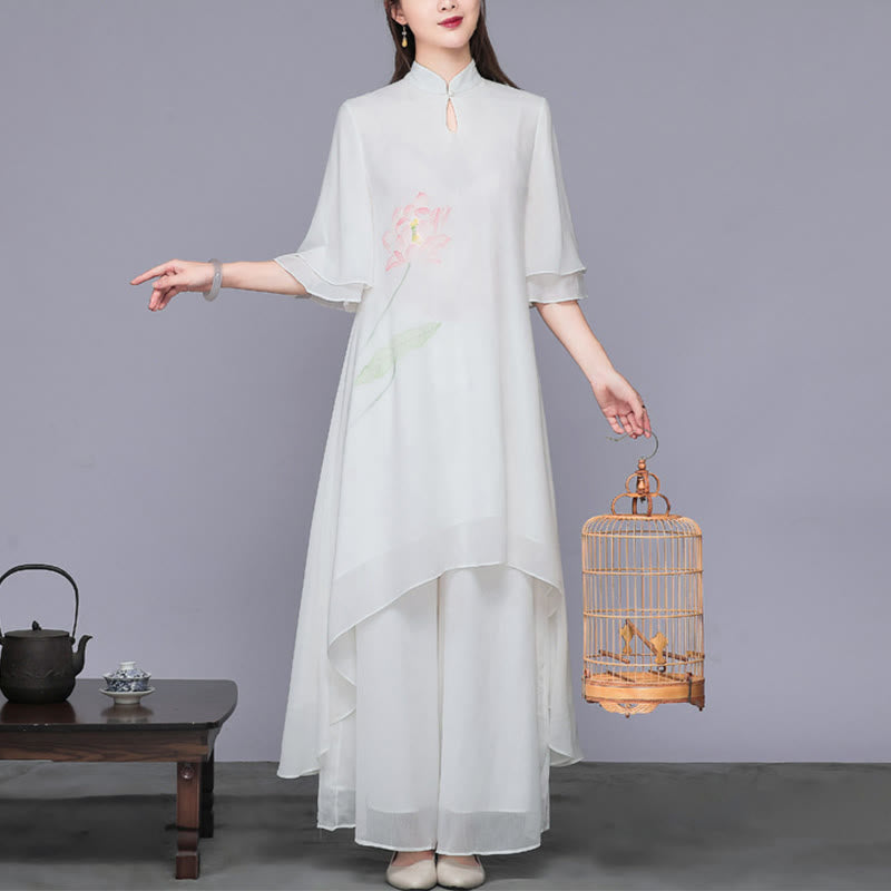 Buddha Stones 2点セット 蓮の花 チャイナドレス ミディ丈 ワイドレッグパンツ シフォン 禅風 レディース セット - image 1