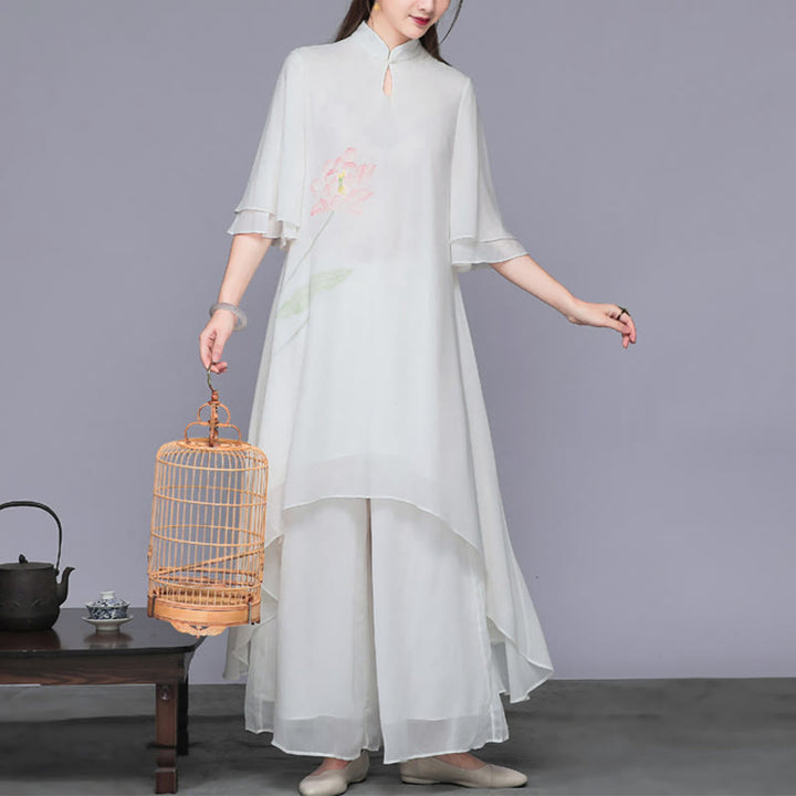 Buddha Stones 2点セット 蓮の花 チャイナドレス ミディ丈 ワイドレッグパンツ シフォン 禅風 レディース セット - image 3