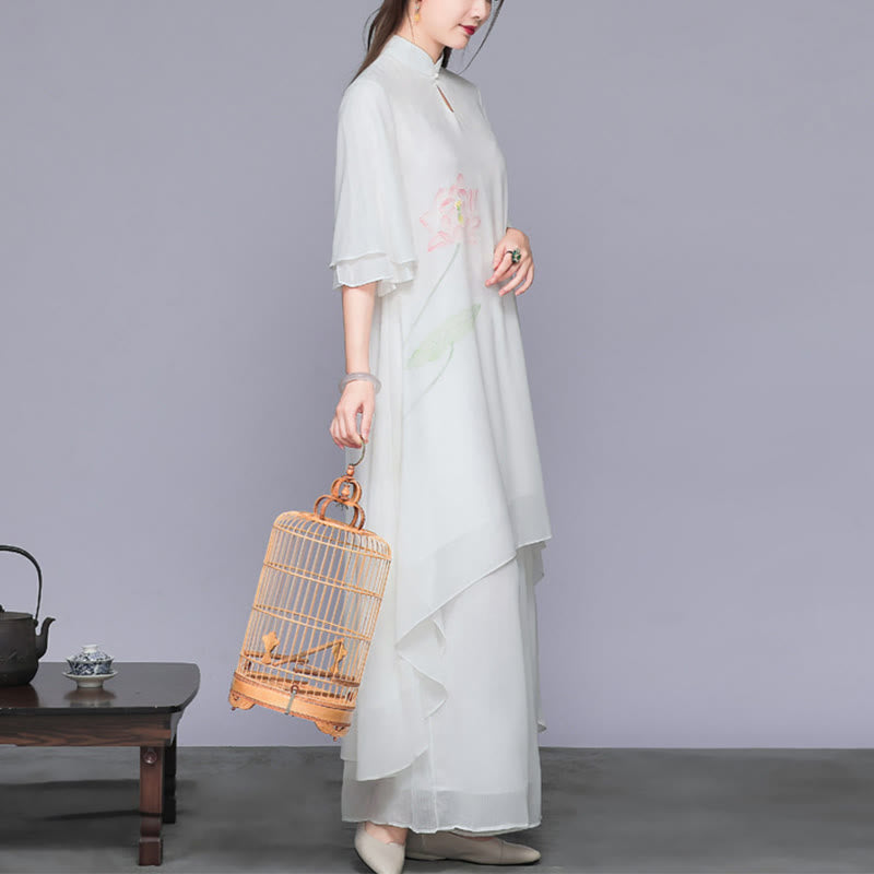 Buddha Stones 2点セット 蓮の花 チャイナドレス ミディ丈 ワイドレッグパンツ シフォン 禅風 レディース セット - image 2