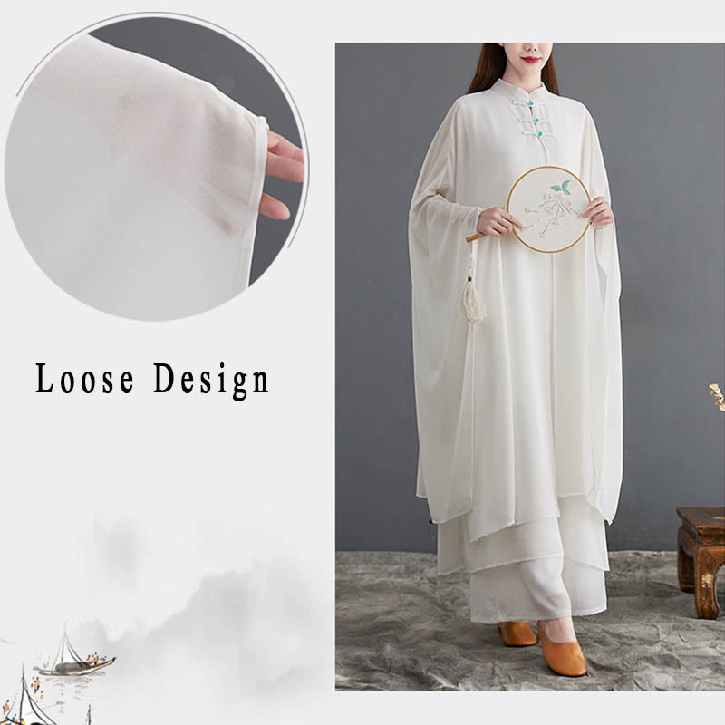 Buddha Stones 2点セット カエルボタン 長袖 ミディドレス ワイドレッグパンツ シフォン 禅風 レディース セット - image 8