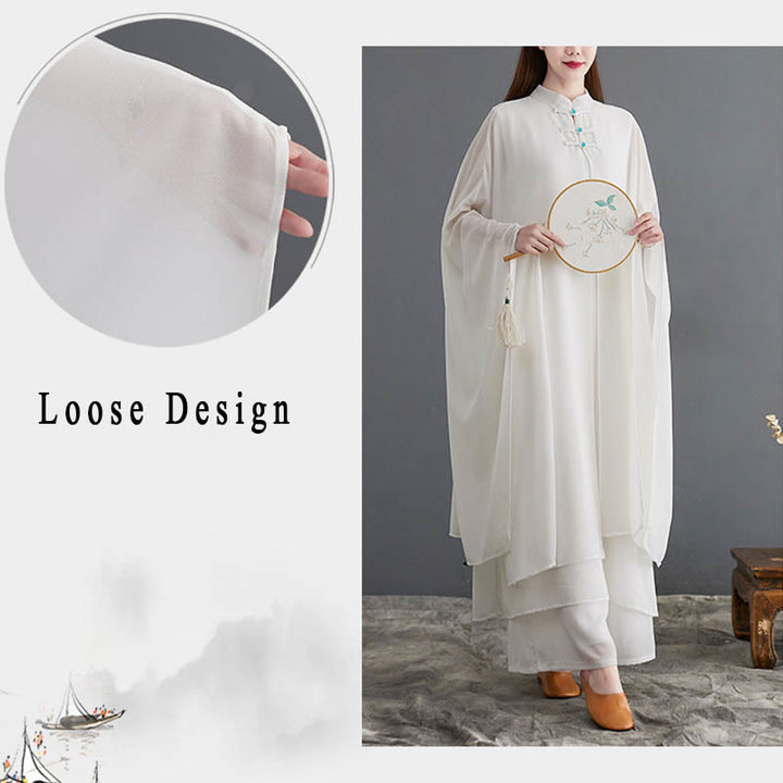 Buddha Stones 2点セット カエルボタン 長袖 ミディドレス ワイドレッグパンツ シフォン 禅風 レディース セット - image 8