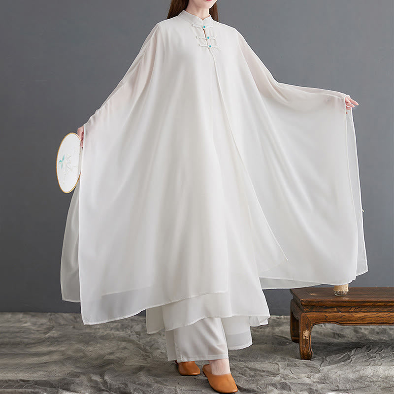 Buddha Stones 2点セット カエルボタン 長袖 ミディドレス ワイドレッグパンツ シフォン 禅風 レディース セット - image 5