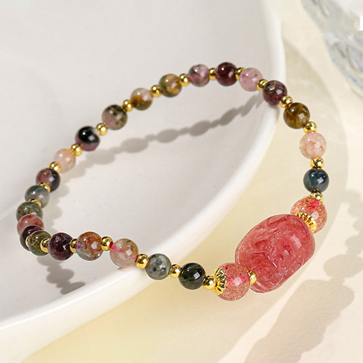 Buddha Stonesムーンストーン ストロベリークォーツ トルマリン 貔貅ヒーリングブレスレット