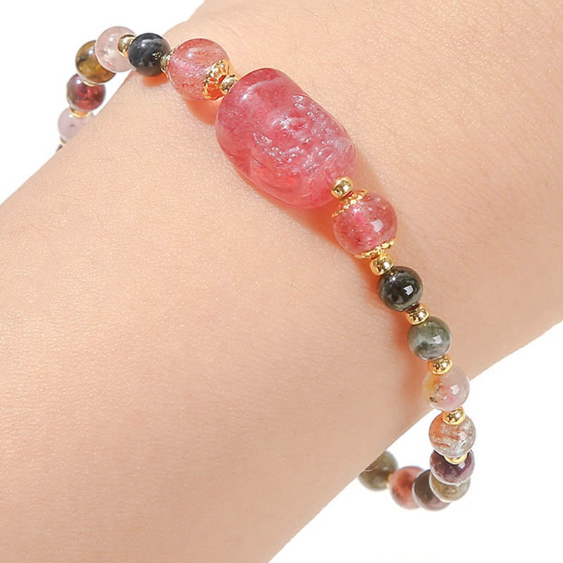 Buddha Stonesムーンストーン ストロベリークォーツ トルマリン 貔貅ヒーリングブレスレット