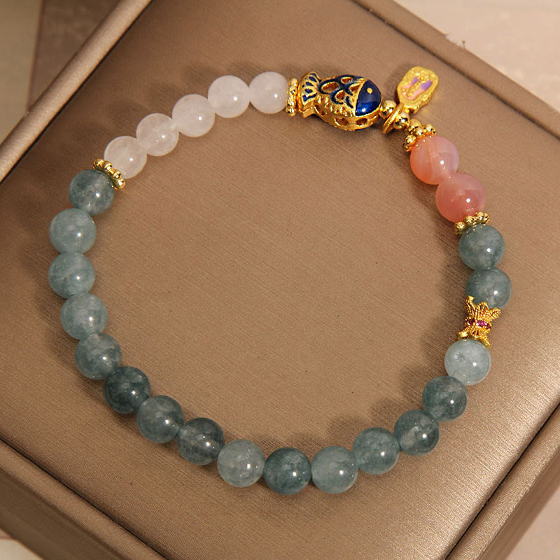 Buddha Stones翡翠 燕元瑪瑙 白翡翠 鯉 経文 チャーム幸運ブレスレット