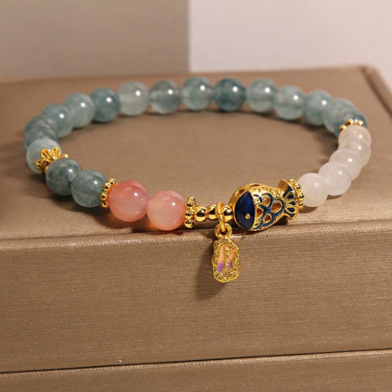 Buddha Stones翡翠 燕元瑪瑙 白翡翠 鯉 経文 チャーム幸運ブレスレット