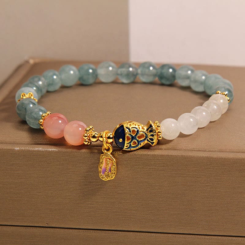 Buddha Stones翡翠 燕元瑪瑙 白翡翠 鯉 経文 チャーム幸運ブレスレット